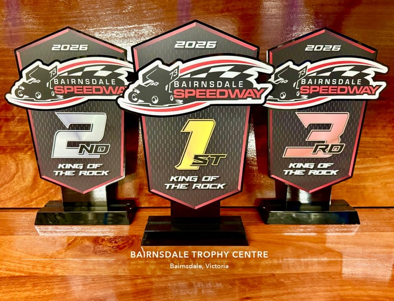 Bairnsdale Speedway 2026 King of the Rock acrylic trophies