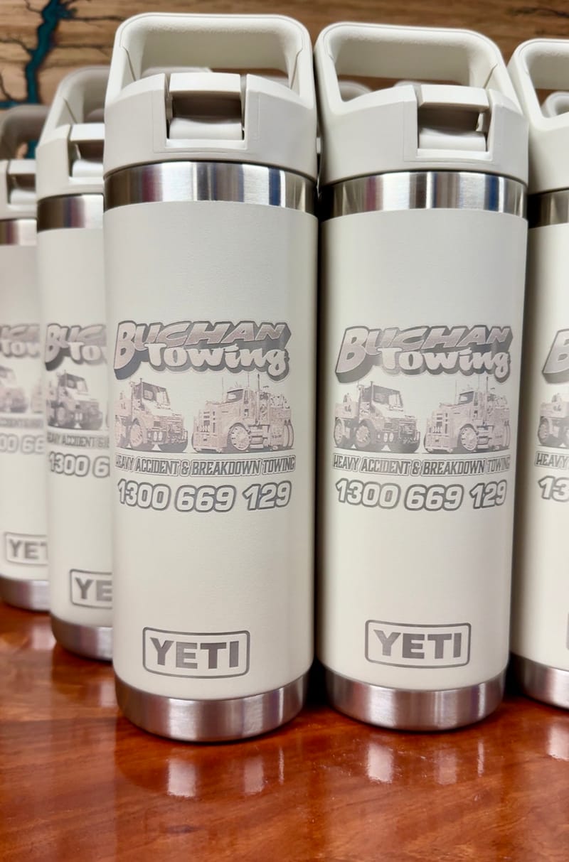 Buchan Towing branded YETI bottles, laser engraved