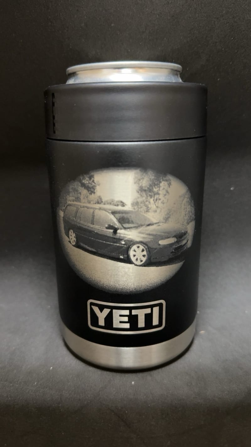 Photo-engraved car on a black YETI Colster