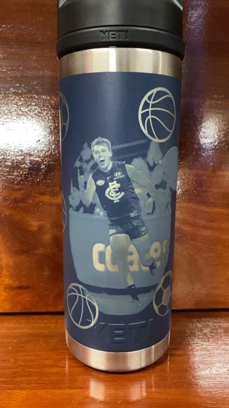 Carlton AFL coaches award engraved navy YETI tumbler