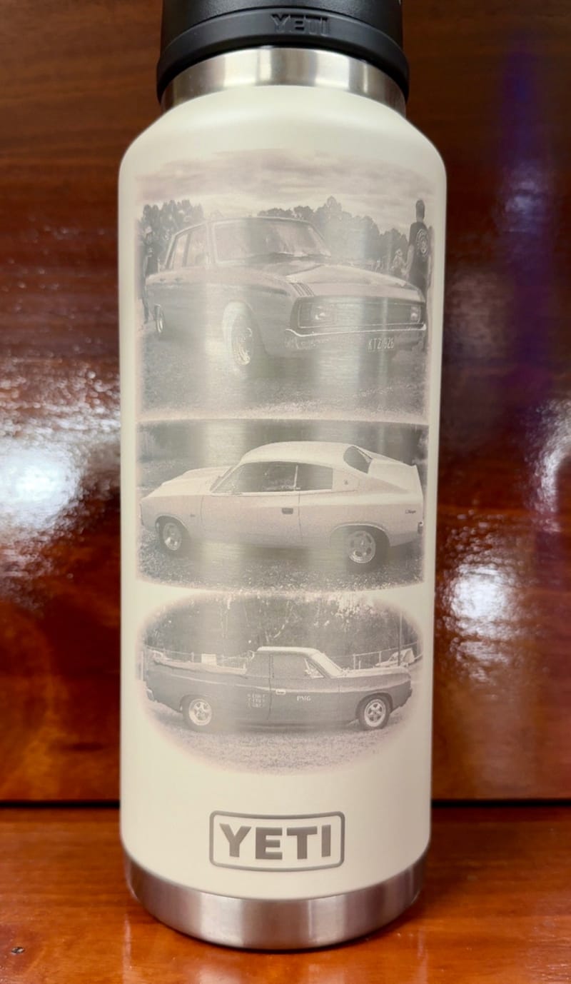 Classic cars photo-engraved on a white YETI bottle