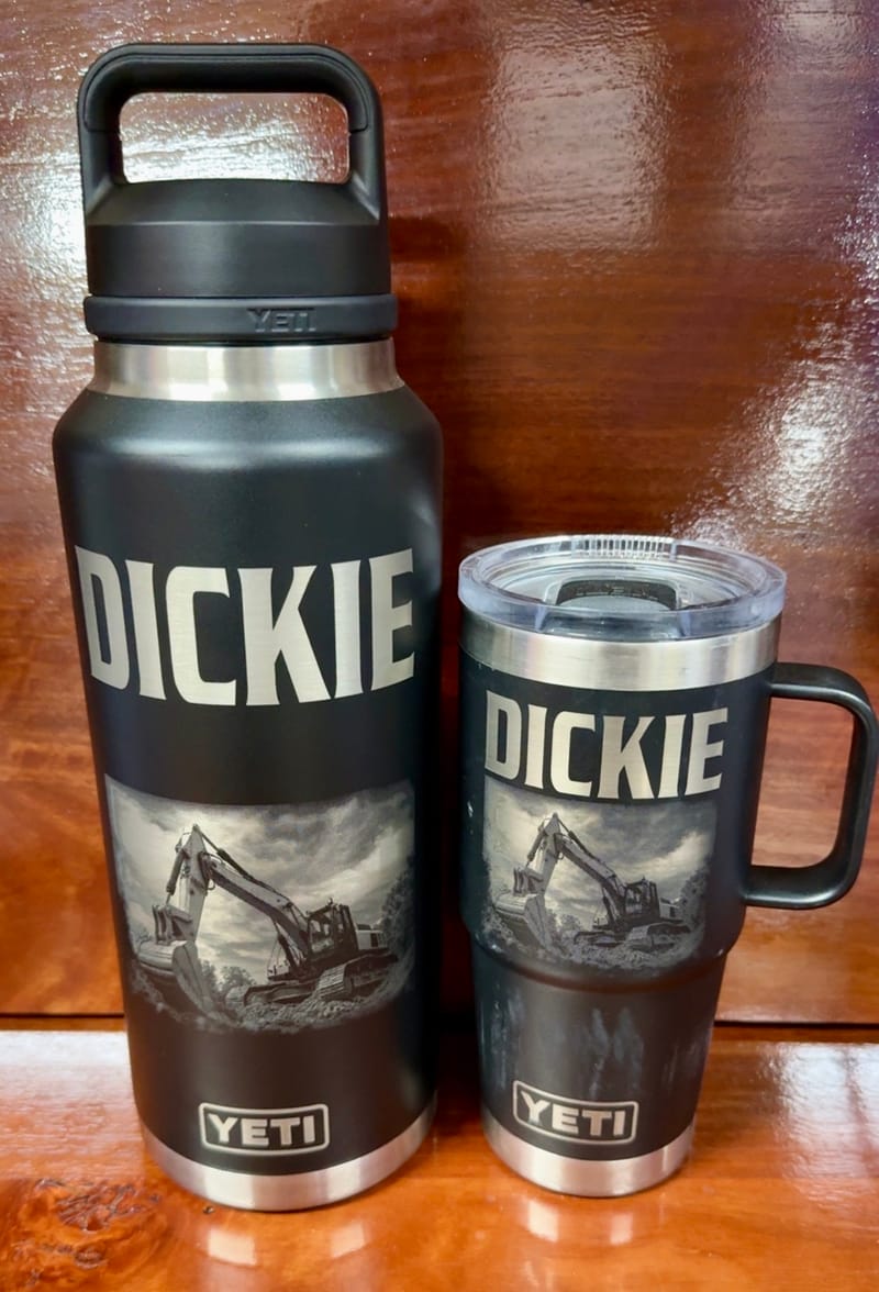 'Dickie' excavator engraved YETI bottle and mug set