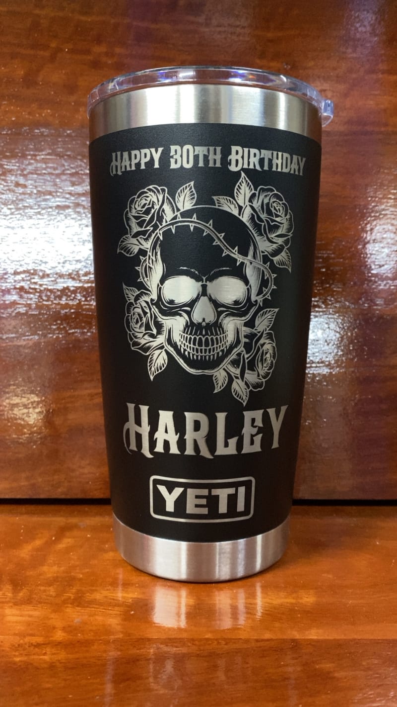 Happy 30th Birthday Harley skull and roses engraved YETI tumbler