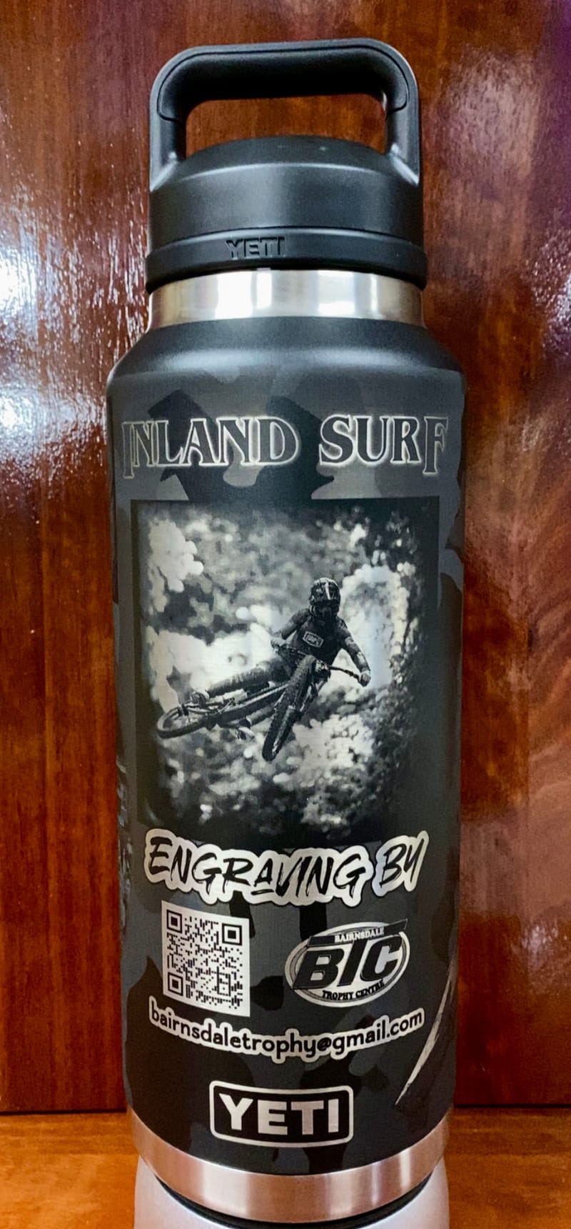 Inland Surf mountain bike rider engraved on camo YETI bottle