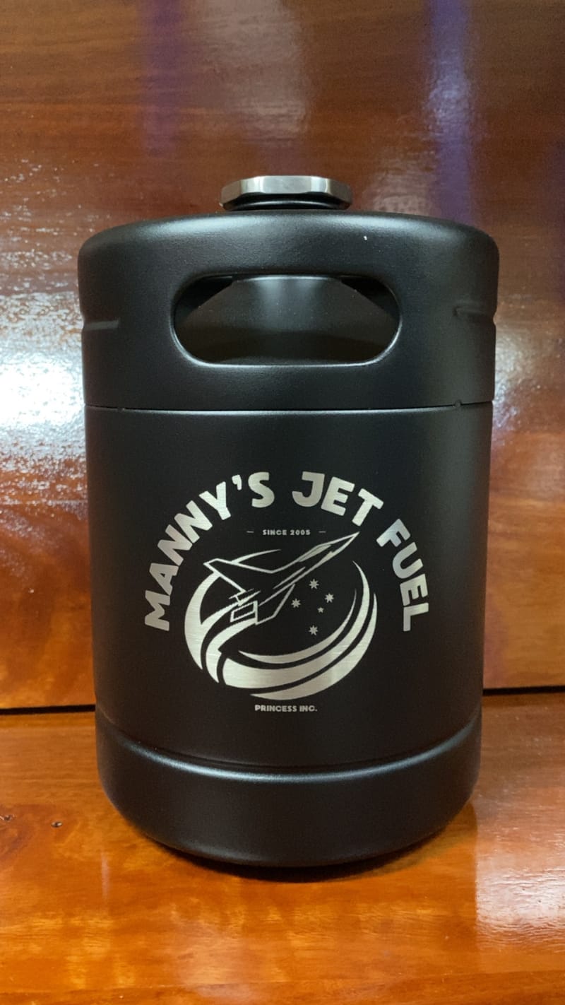 Manny's Jet Fuel engraved insulated keg