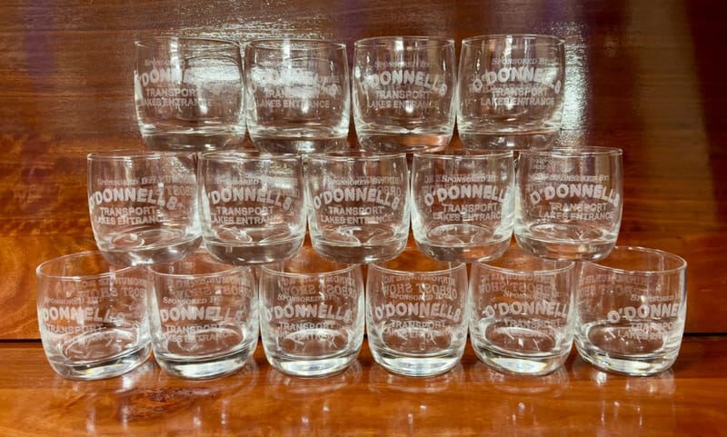 Orbost Show sponsor glasses for O'Donnells Transport