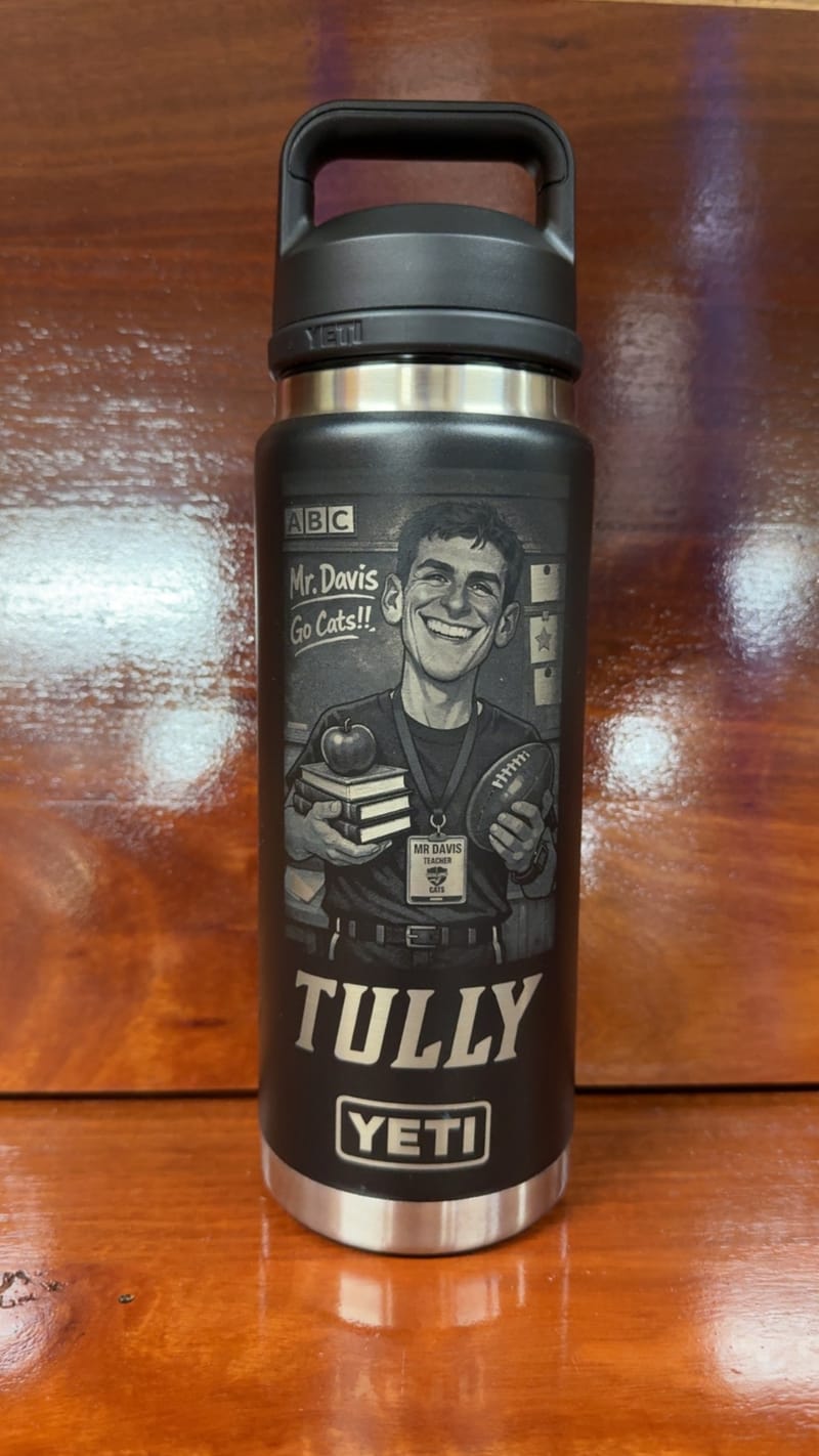 Custom 'Tully — Mr Davis' portrait engraved YETI bottle